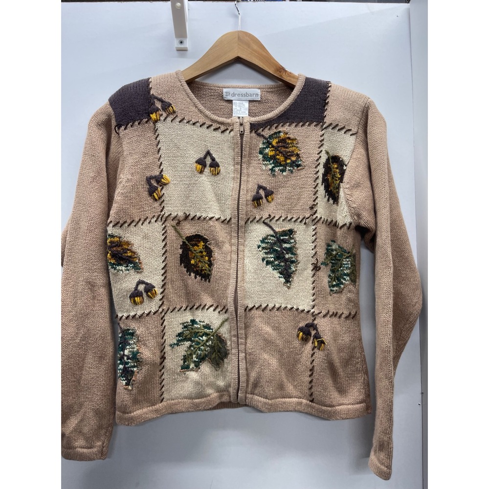 Vintage 90's Dressbarn Small Fall Patchwork Leaf Acorn Zip Up Cardigan Sweater